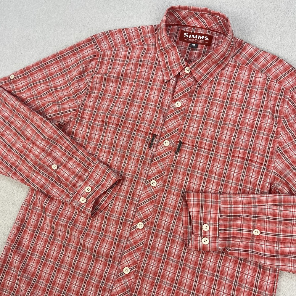 Simms Fishing Stone Cold Button-Down Shirt Men M Salmon Pink/Red Roll-Tab Sleeve
